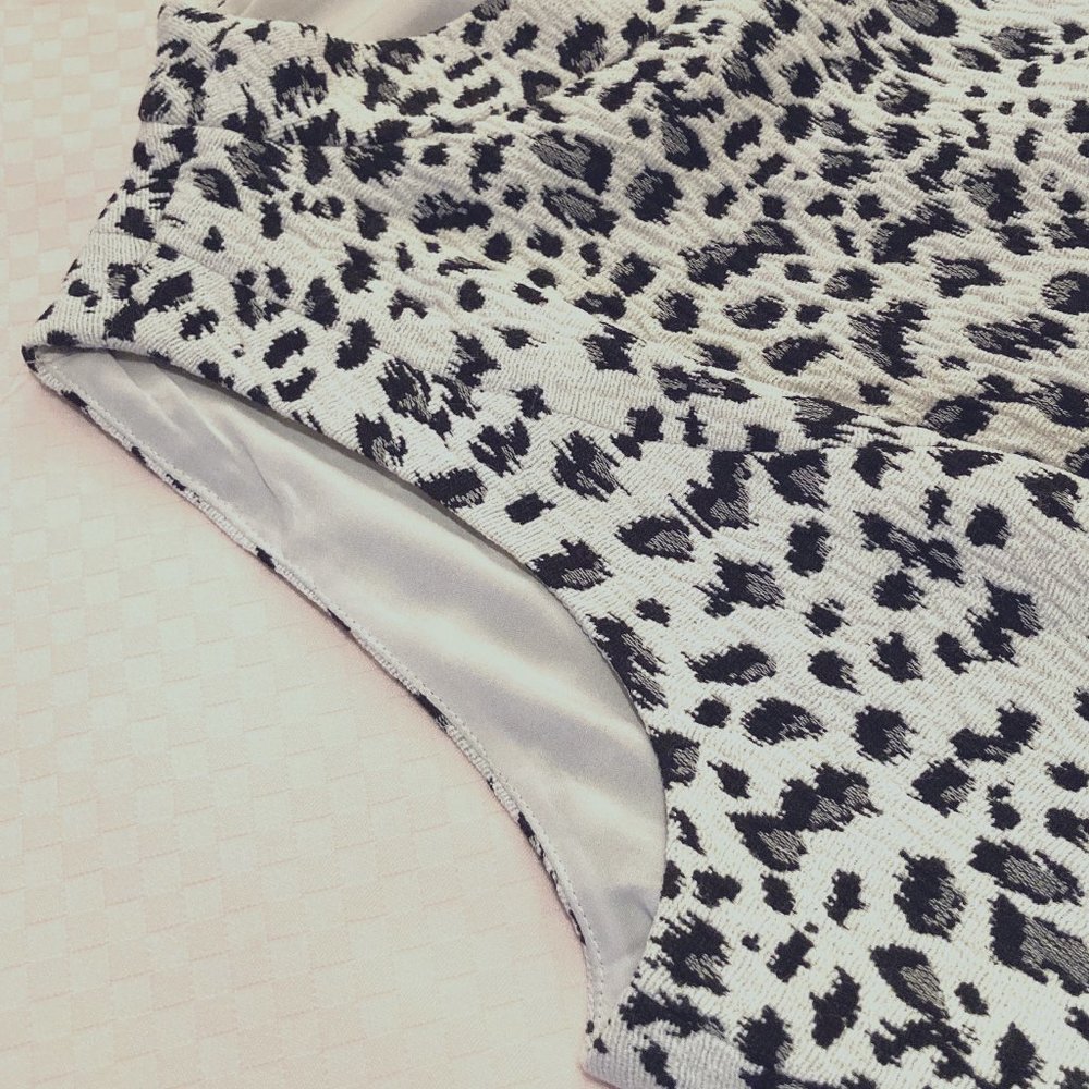 🔥HP🔥Ann Taylor LOFT Dress: Black and White Animal Print Lined Sheath SIZE 2 - Picture 4 of 10